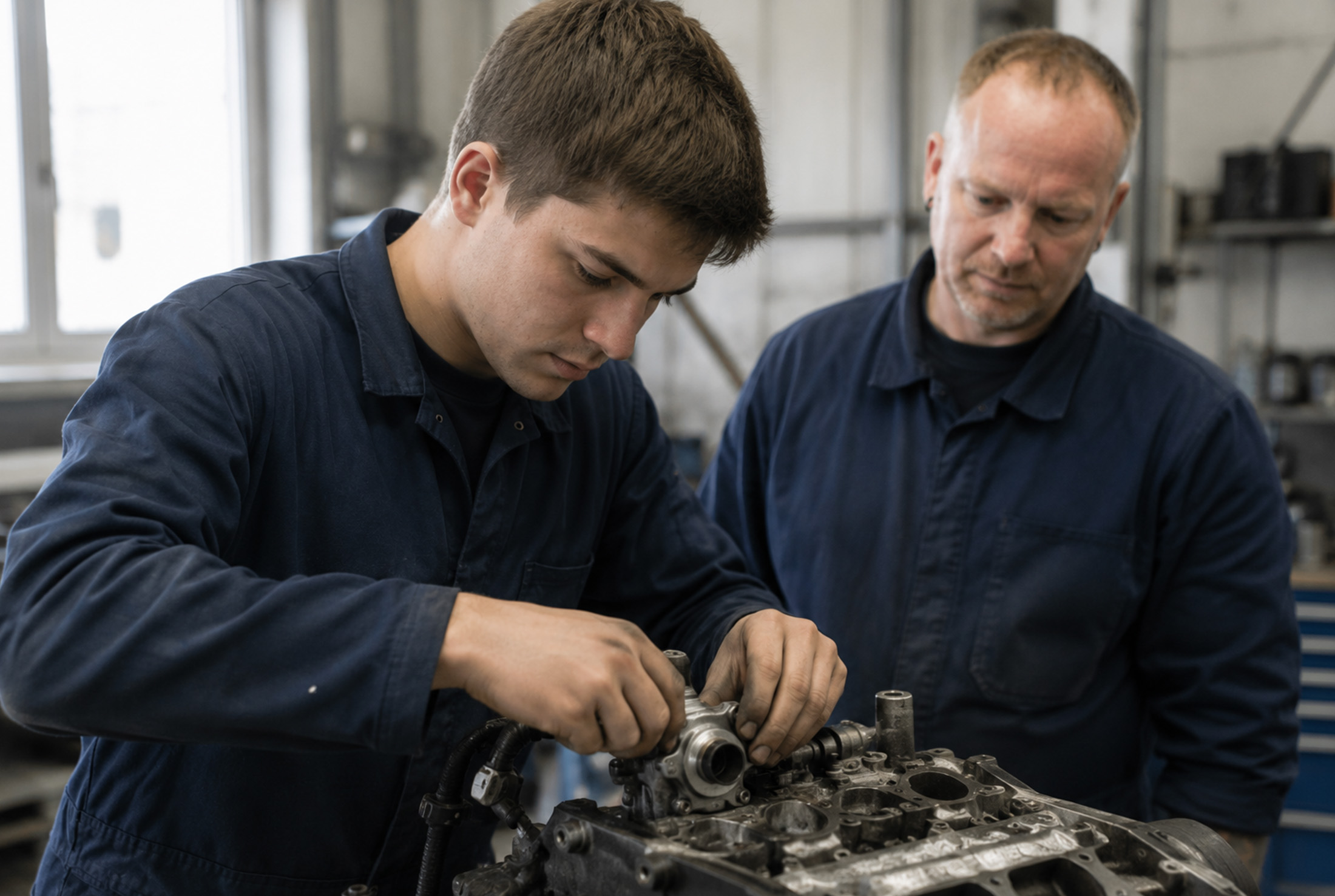 Junger Mechaniker bei der Arbeit, ein erfahrener Kollege schaut zu